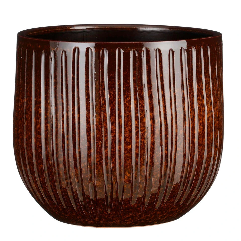 Mica Decorations Plantenpot Keramiek - Bruin Glans/ribbels - D25/H20cm 3 Mica Decorations Plantenpot Keramiek - Bruin Glans/ribbels - D25/H20cm