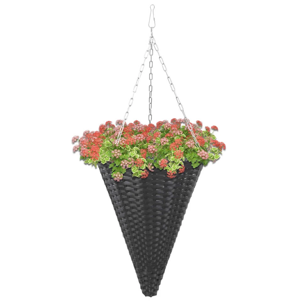 VidaXL Bloemenmanden Hangend 2 St Poly Rattan Zwart 4 VidaXL Bloemenmanden Hangend 2 St Poly Rattan Zwart - Afbeelding 2